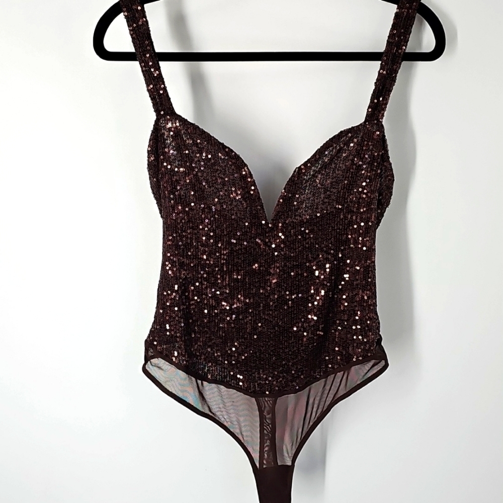 Free People Intimately Hot Cocoa Brown Sequin Sparks Fly Tank Top Bodysuit - Picture 8 of 16